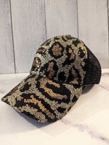 OOH LA LA Sequin Leopard Print Snap Back Cap