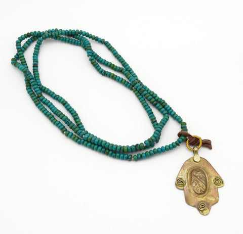 CHERYL DUFAULT Turquoise Beaded Hamsa Long 36" Pendant Necklace