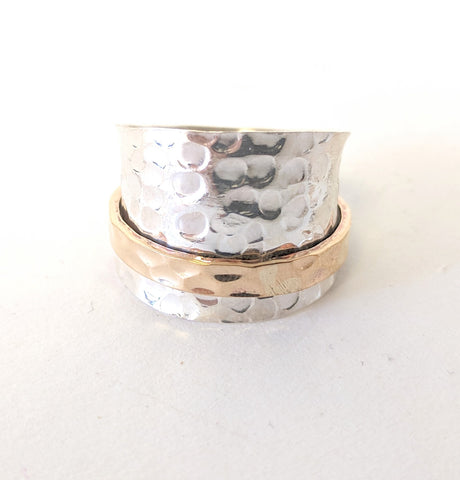 Baizaar Sterling Silver Hammered Saddle Band with Vermeil Gold Spinner Ring