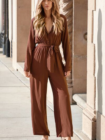 SYNZ Pocketed Button Up Tie-Waist Jumpsuit