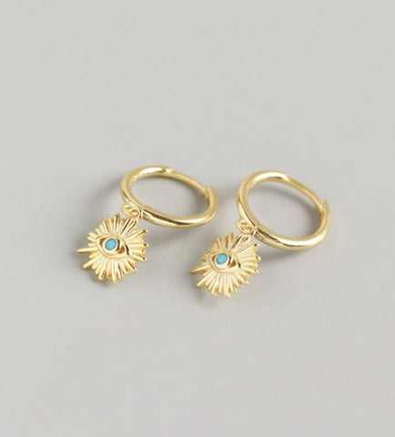 Mini Gold Evil Eye Medallion Huggie Earrings with Turquoise Center