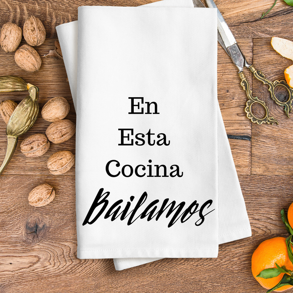 VerucaStyle "In This Kitchen We Dance" or "En Esta Cocina Bailamos" Kitchen Tea Towel