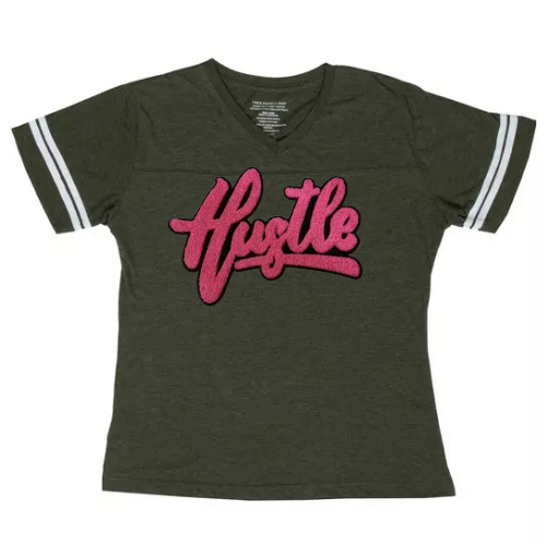 VerucaStyle Pink "Hustle" Patch on Heather Army Green Baseball Style V-Neck T-shirt