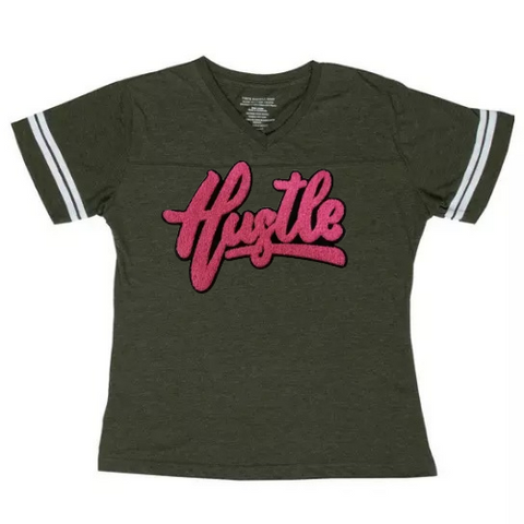 VerucaStyle Pink "Hustle" Patch on Heather Army Green Baseball Style V-Neck T-shirt