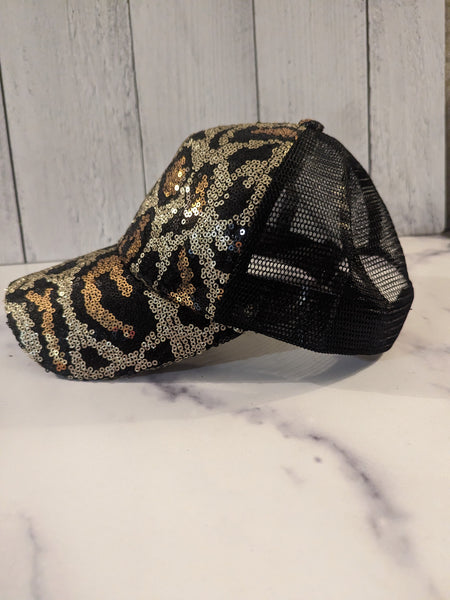 OOH LA LA Sequin Leopard Print Snap Back Cap