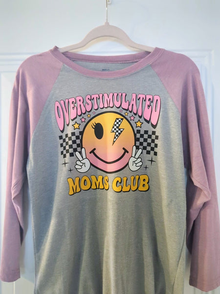 VerucaStyle "Overstimulated Moms Club" Desert Rose/Heather Grey 3/4 Raglan Tee