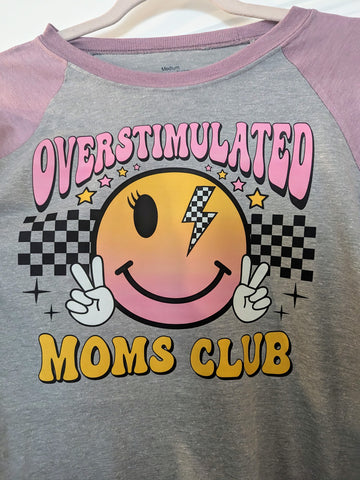 VerucaStyle "Overstimulated Moms Club" Desert Rose/Heather Grey 3/4 Raglan Tee