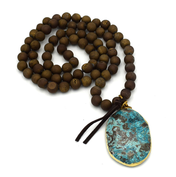 CHERYL DUFAULT Large Turquoise Pendant Drusy Long 36" Beaded Necklace