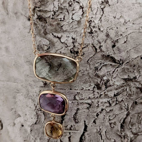 Jewelmak "Gems" 14k Gold Geeen Amethyst, Amethyst and Citrine Graduated Gemstone Pendant Necklace
