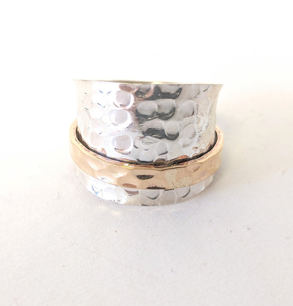 Baizaar Sterling Silver Hammered Saddle Band with Vermeil Gold Spinner Ring
