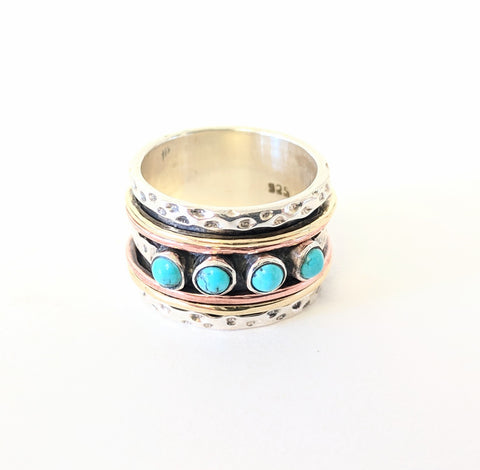 Baizaar Sterling Silver Wide Band with Turquoise, Rose Gold and Gold Spinner Ring