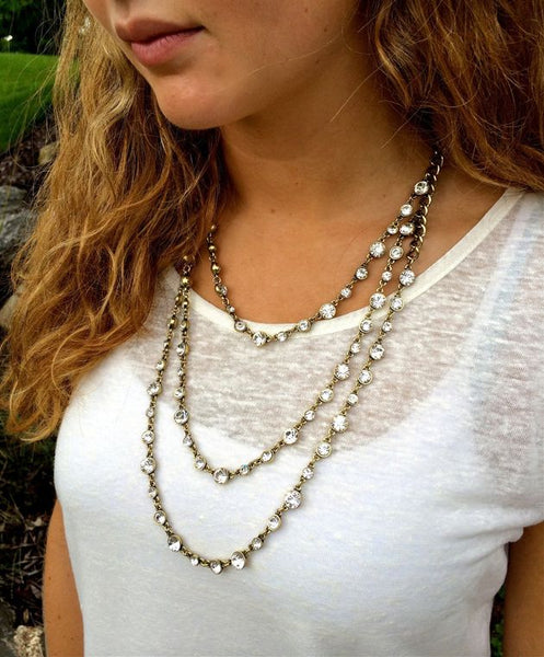 Pretty Simple Three Tier Crystal Necklace -Antique Gold