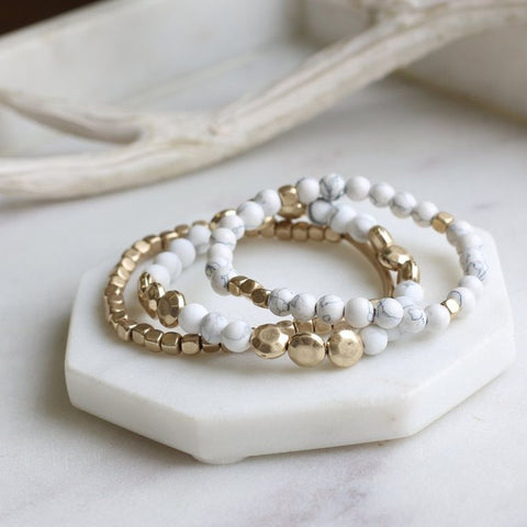 Pretty Simple Stacked 3 Piece Bracelets Set w Gold Accents - White