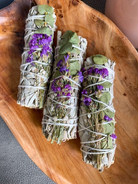 Sacred Sunday 'Protection' California White Sage Smudge Stick (Euculyptus + Purple Statice Flower + Lavender)